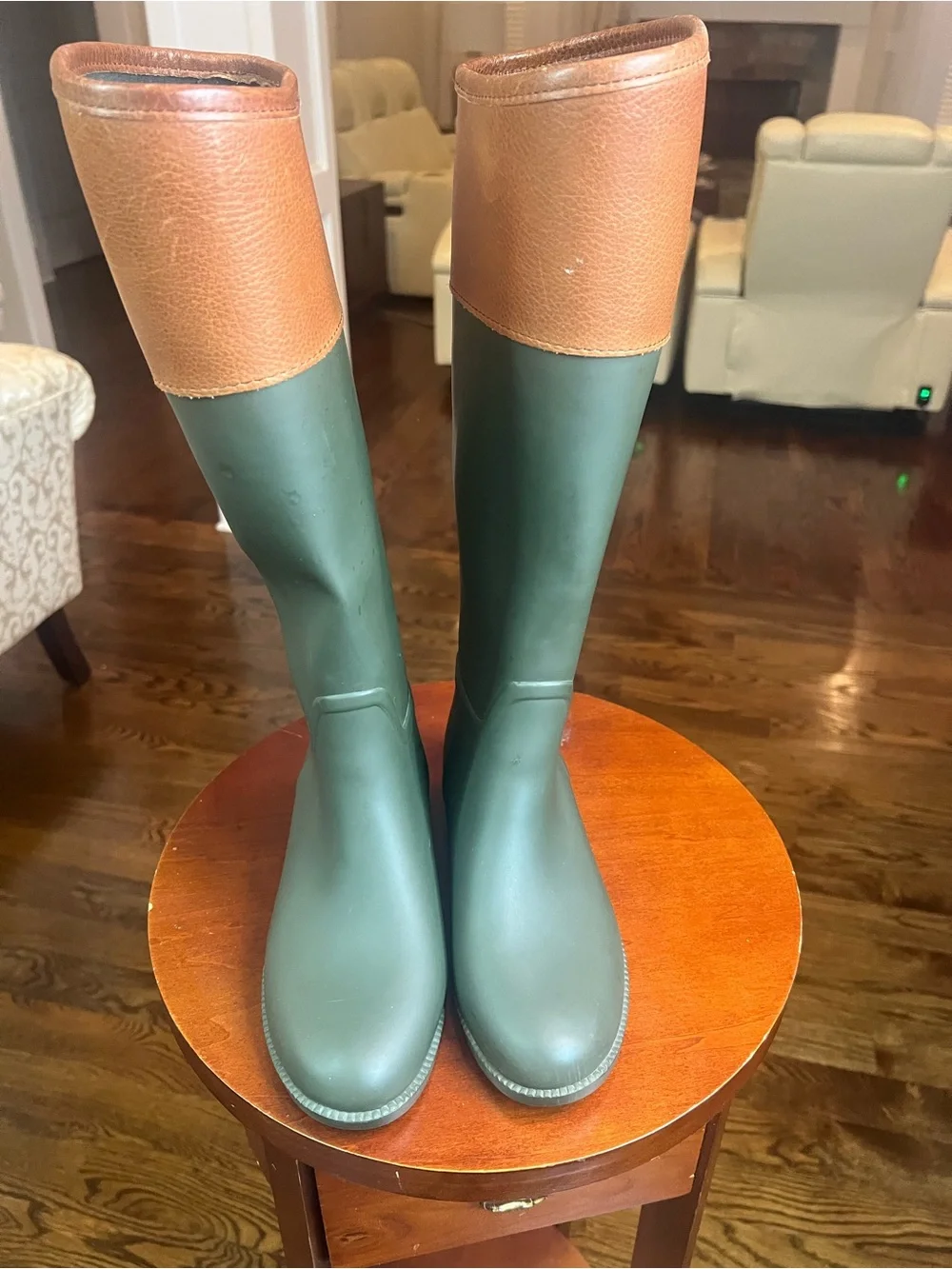 Tory Burch Green and Tan Tall Rain Boots